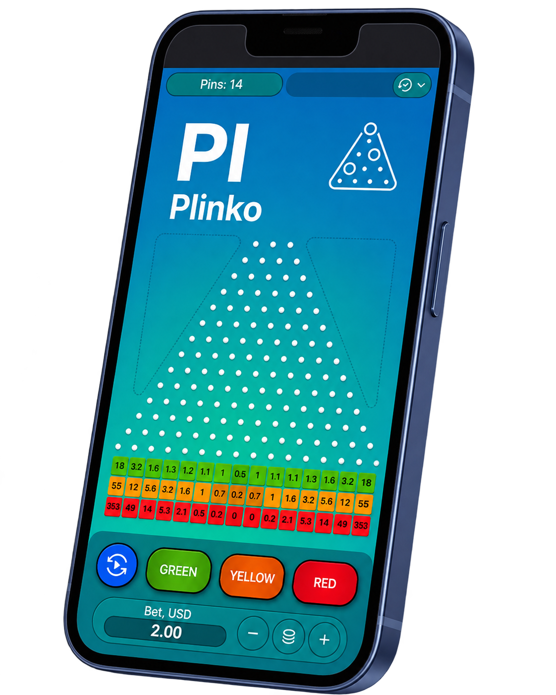 Smartphone with the Plinko game open on screen, isolated on transparent background