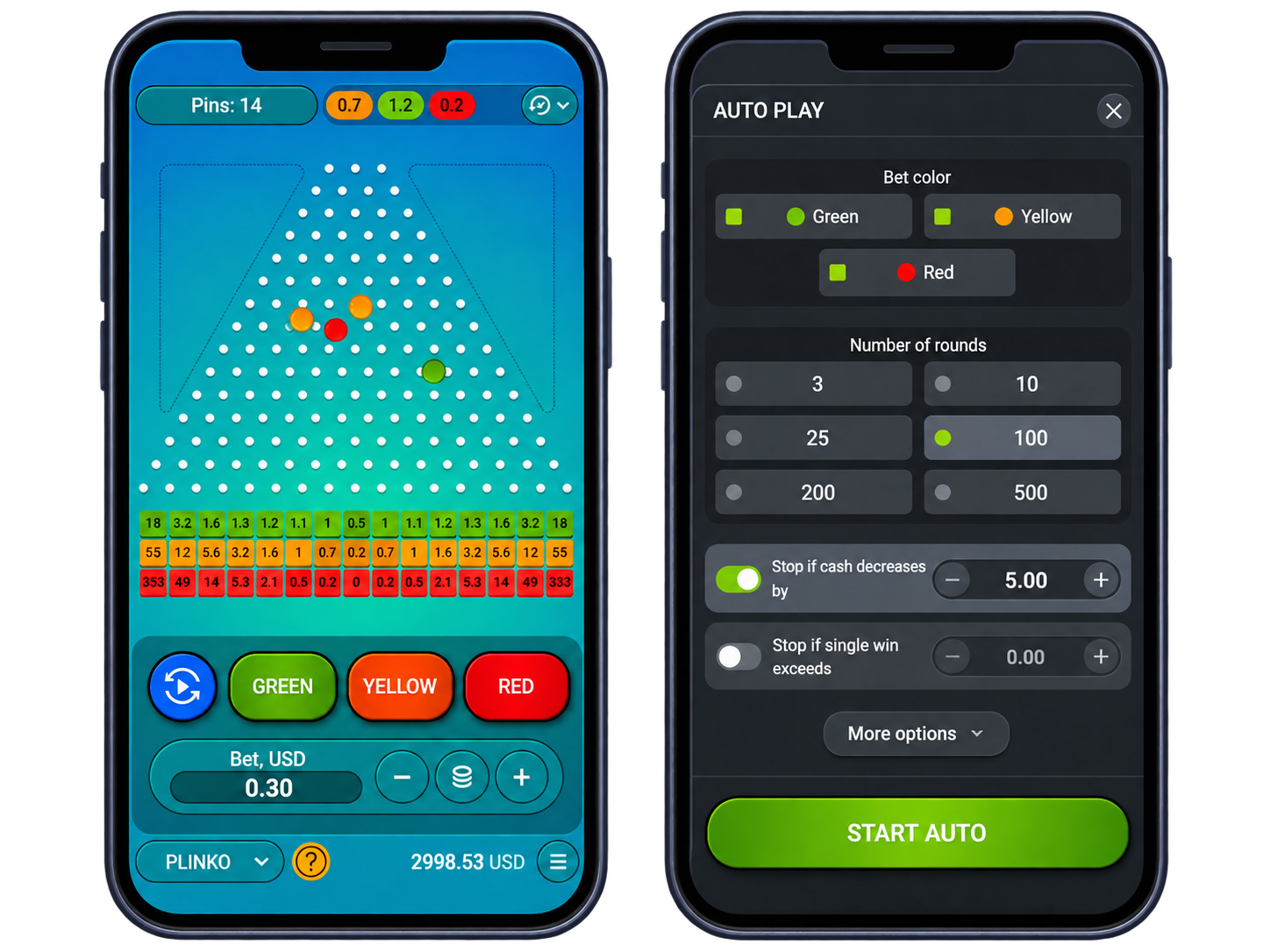 Two mobile Plinko screens showing gameplay and auto-play settings on transparent background