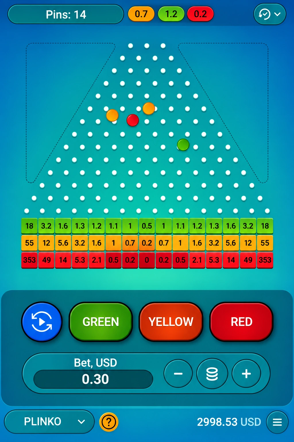Plinko screen showing pins, pegs, coloured balls and payout rows
