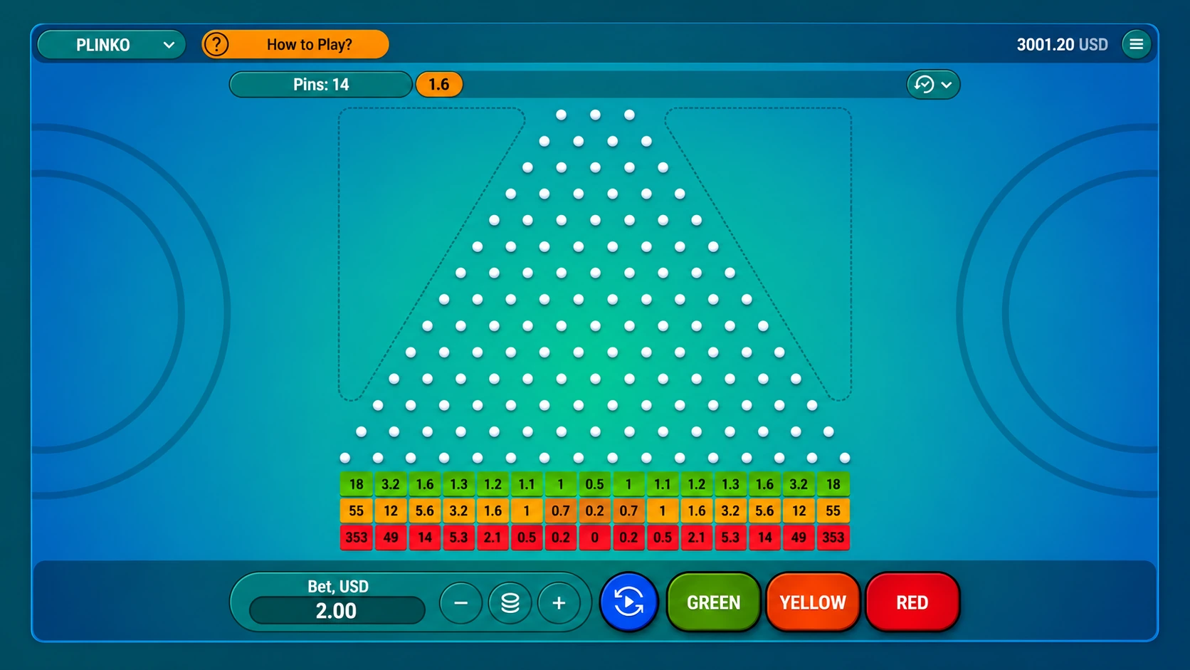 SPRIBE Plinko main game screen with pins, board and colour buttons